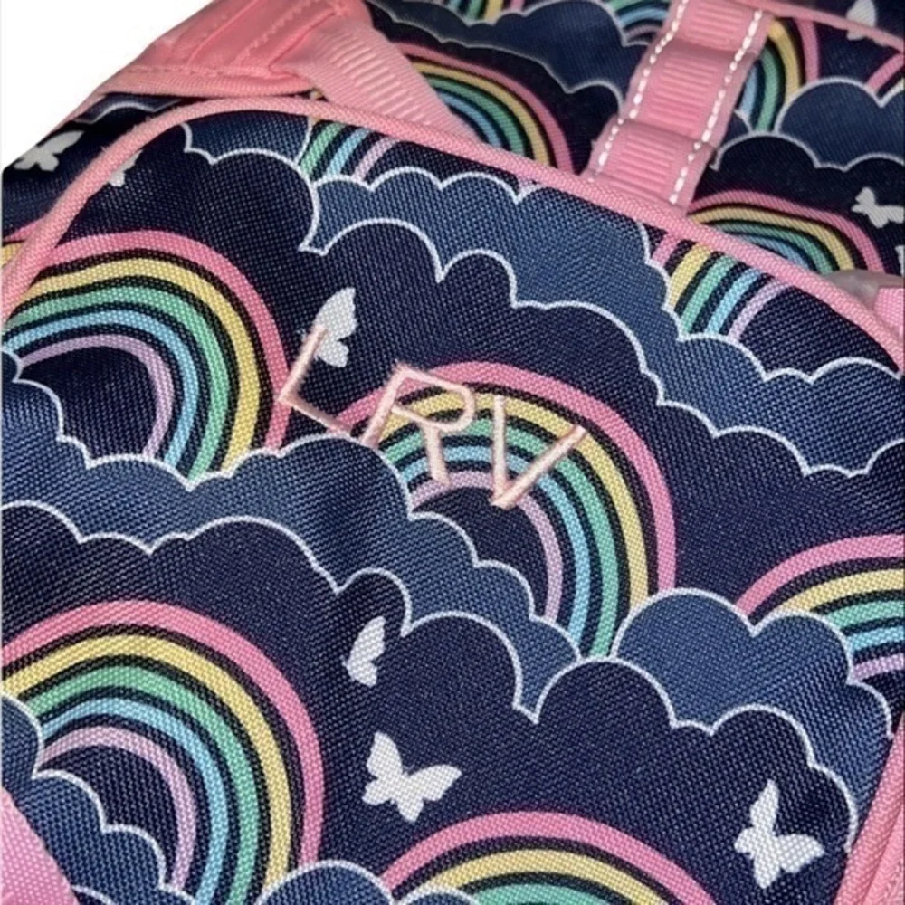 Pottery Barn Kids Navy Blue & Pink Monogrammed‎ Rainbows Girls Backpack